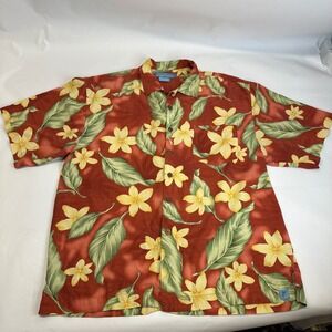 Bermuda Bay Mens XL Silk Hawaiian Shirt Rust Red Plumeria Floral Tropical Aloha